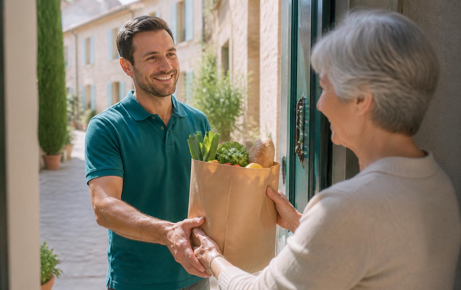 Livreur souriant remettant un sac de courses fraîches à une cliente devant sa porte